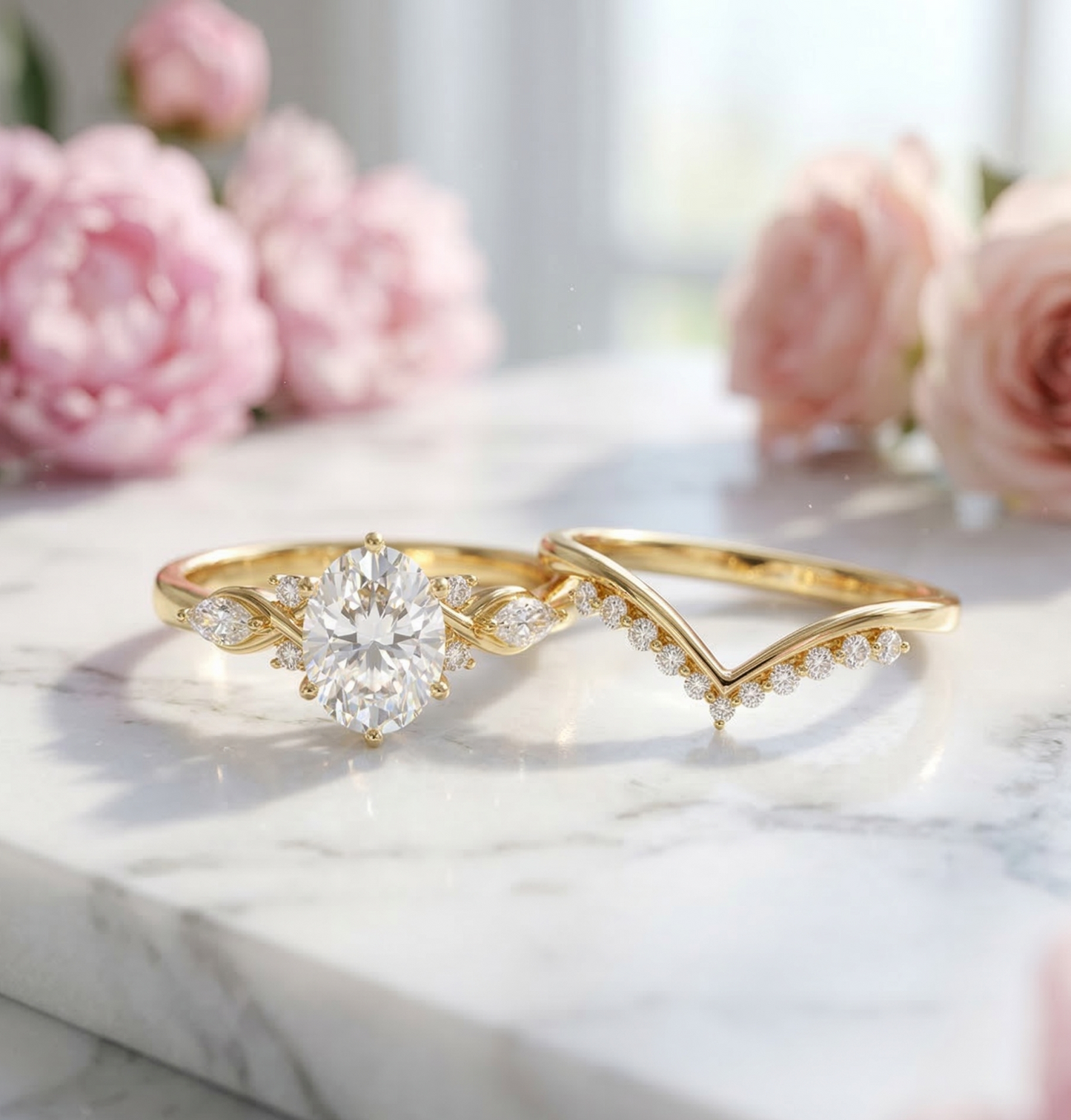 1.560CT Oval Lab Grown Diamond Engagement Ring Set