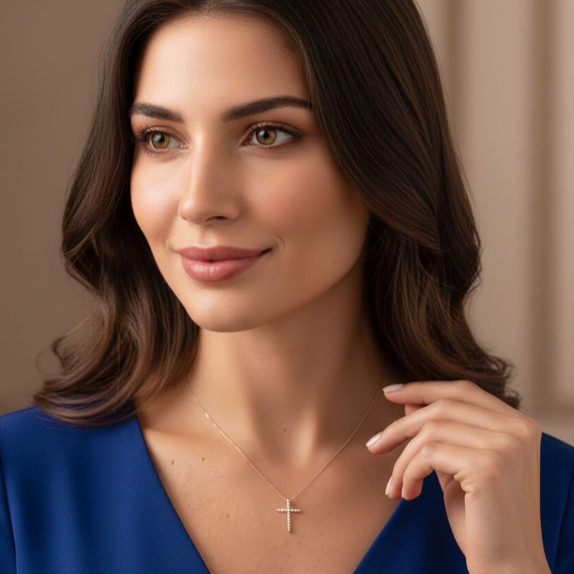 0.120 Ct Moissanite Cross Necklace – 14K Gold Pendant