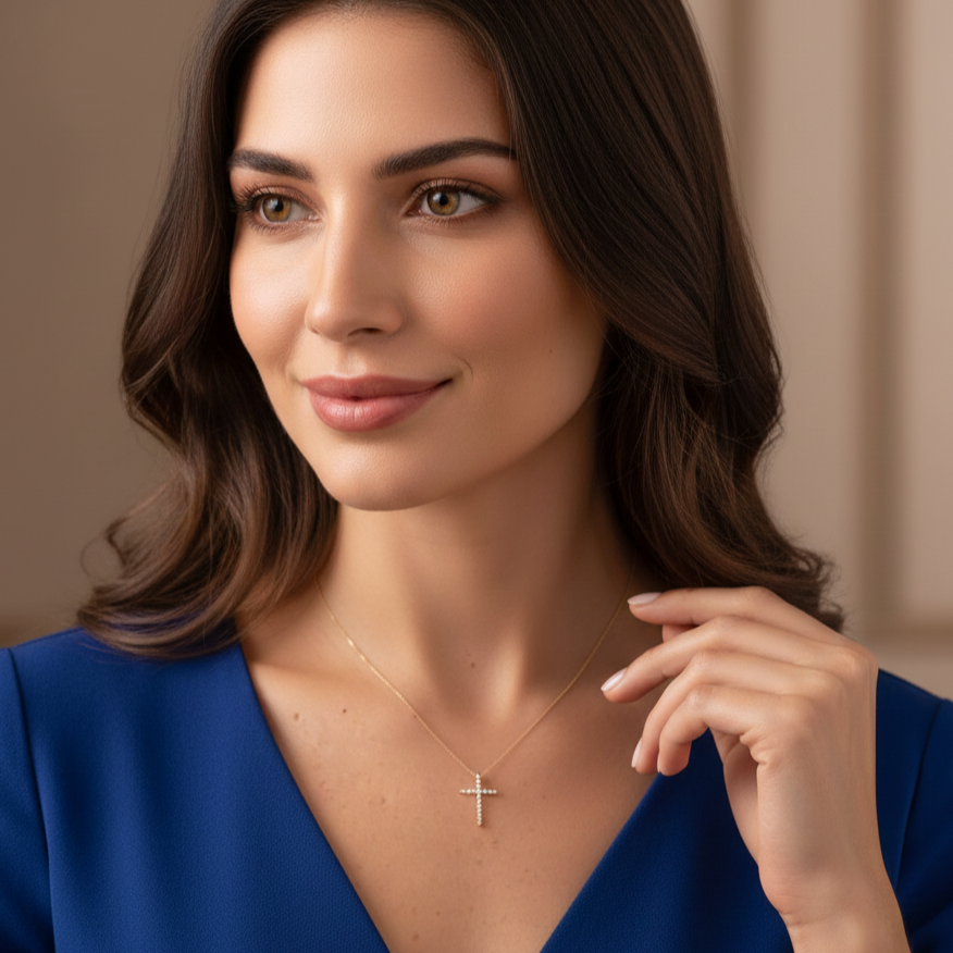 0.120 Ct Moissanite Cross Necklace – 14K Gold Faith Pendant