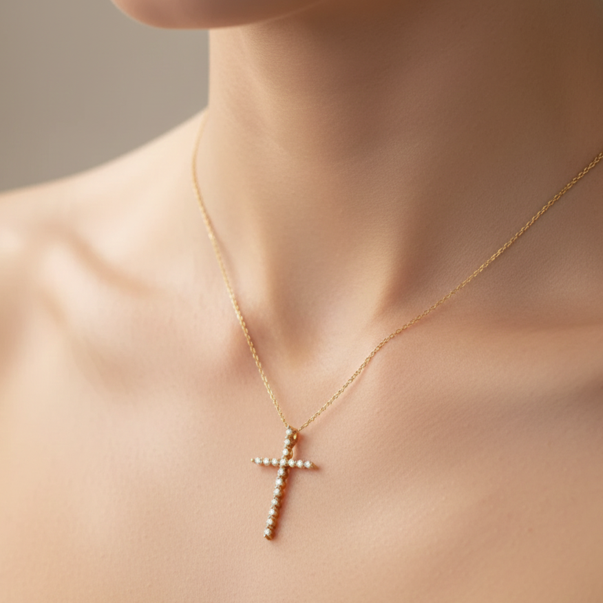 0.120 Ct Moissanite Cross Necklace – 14K Gold Pendant