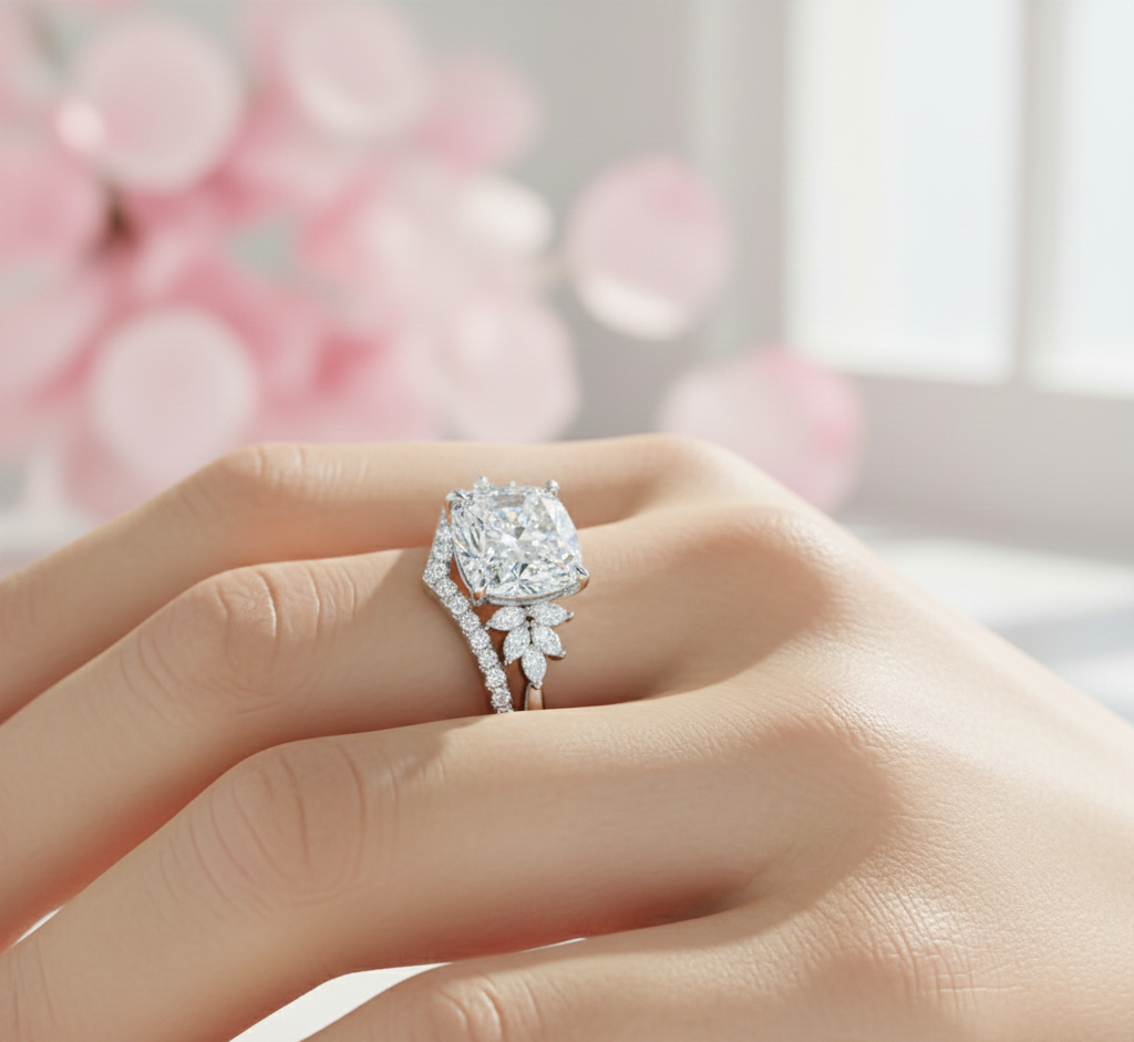 1.65 Ct Cushion Cut Diamond Ring Set – Chevron Wedding Band