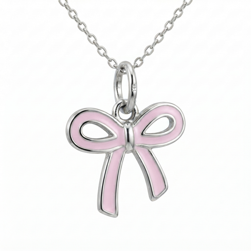 Pink Bow Necklace, 14K Gold Bow Pendant Necklace