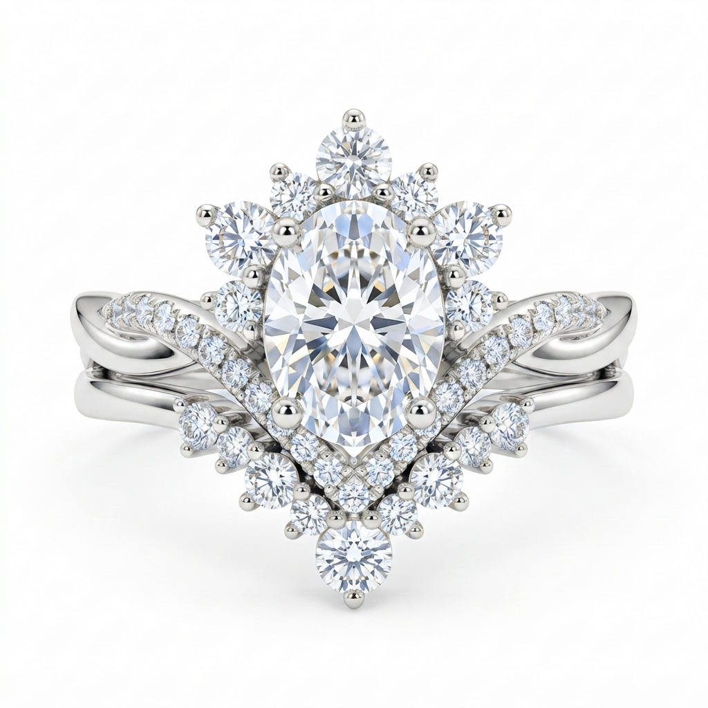 2.60ct Oval Cut Lab Grown Diamond Bridal Ring Set, Floral Halo Engagement Ring