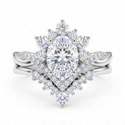 2.60ct Oval Cut Lab Grown Diamond Bridal Ring Set, Floral Halo Engagement Ring