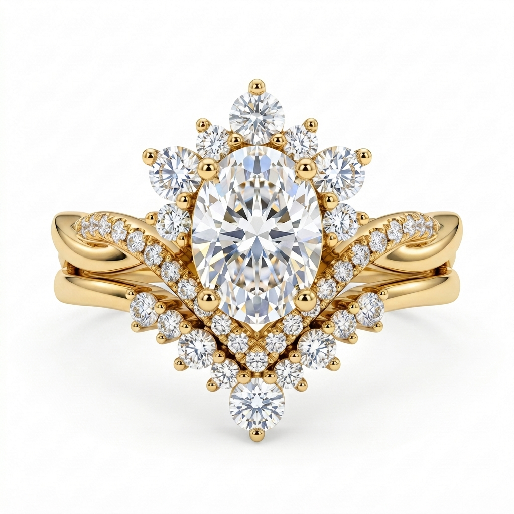 2.60ct Oval Cut Lab Grown Diamond Bridal Ring Set, Floral Halo Engagement Ring