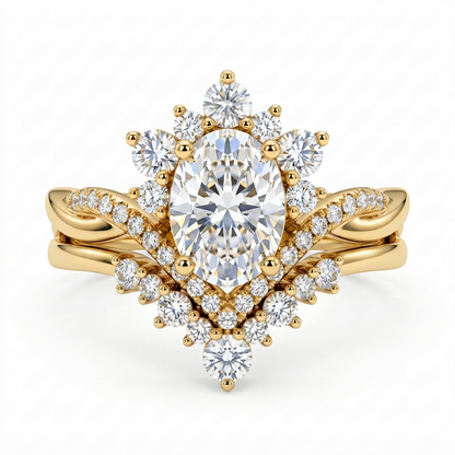 2.60ct Oval Cut Lab Grown Diamond Bridal Ring Set, Floral Halo Engagement Ring