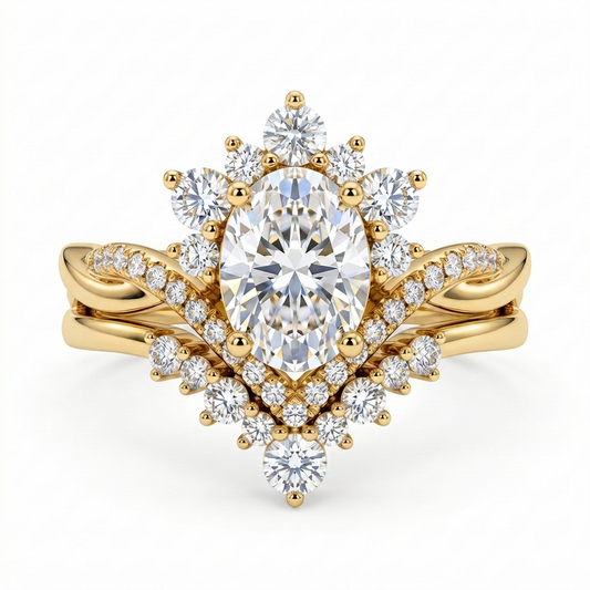 2.60ct Oval Cut Lab Grown Diamond Bridal Ring Set, Floral Halo Engagement Ring