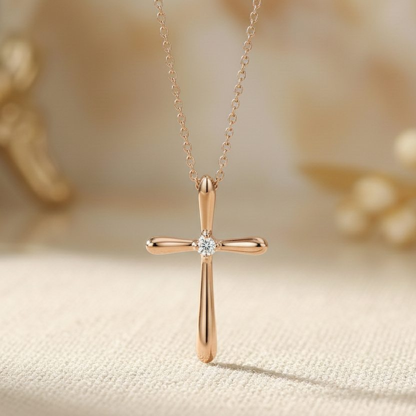 0.050 Ct Moissanite Cross Necklace – 14K Gold Christian Pendant