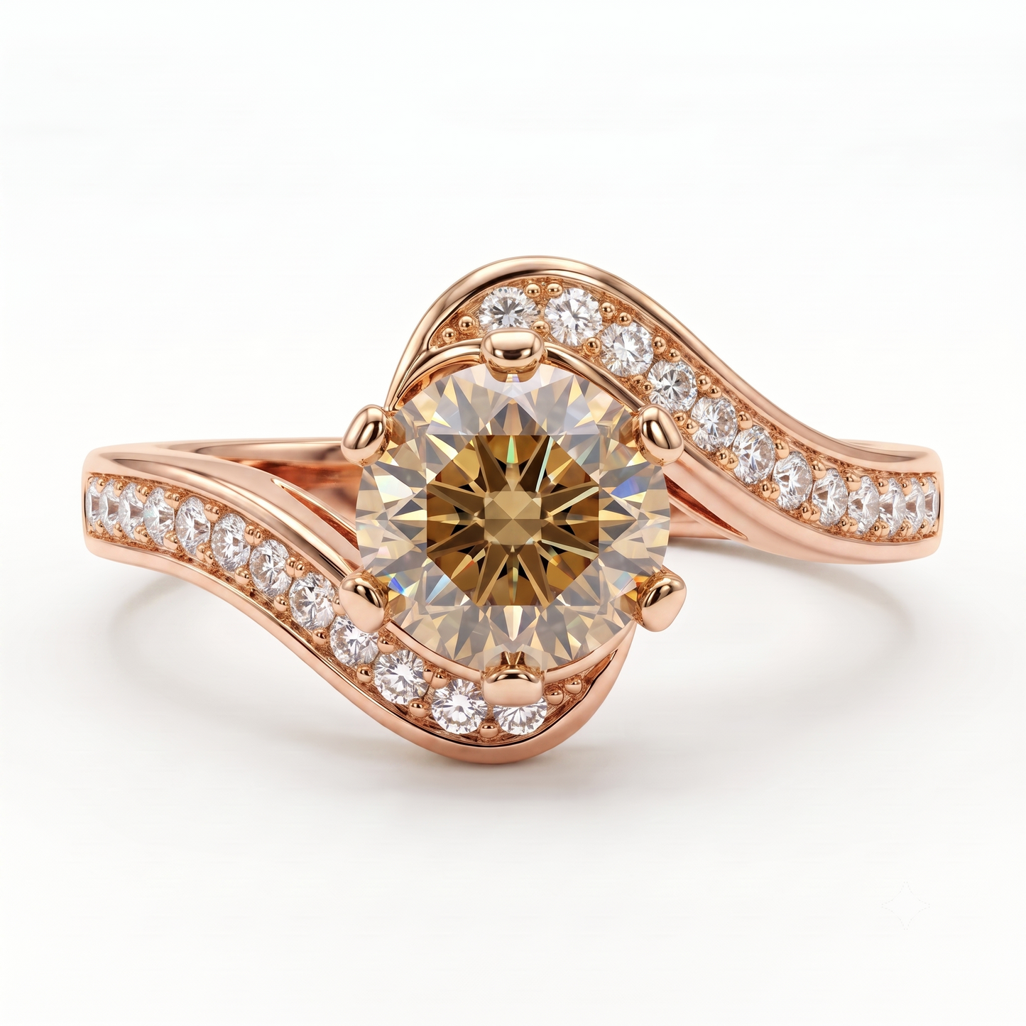 1.100ct Round Cut Lab Grown Champagne Diamond Engagement Twisted Pave Ring
