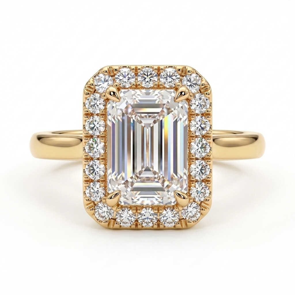 F/VS 1.100 Ct Emerald Diamond Halo Engagement Ring 14k White Gold Lab Grown