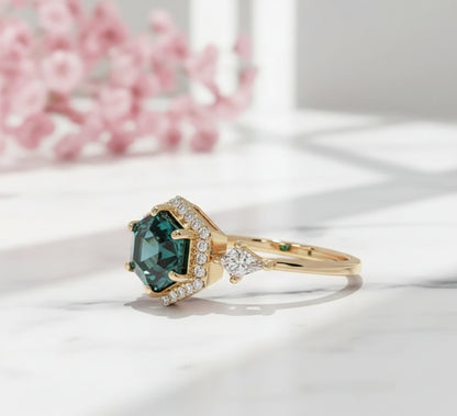 1.32 Ct Hexagon Lab Diamond Ring  - Green  Halo Engagement