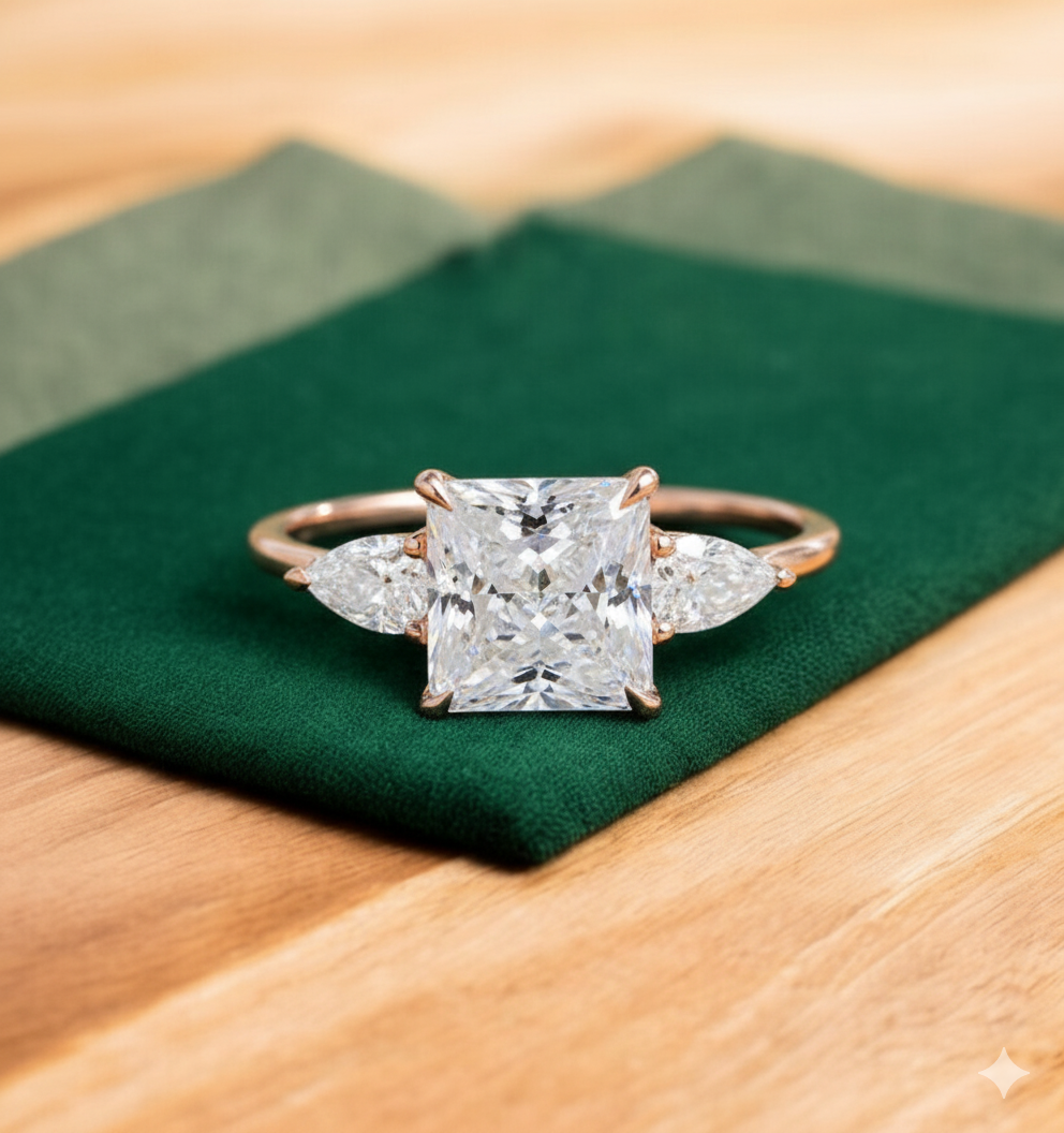2.350 ct Princess Cut Lab Grown Diamond Engagement Ring • Three Stone Bridal Ring