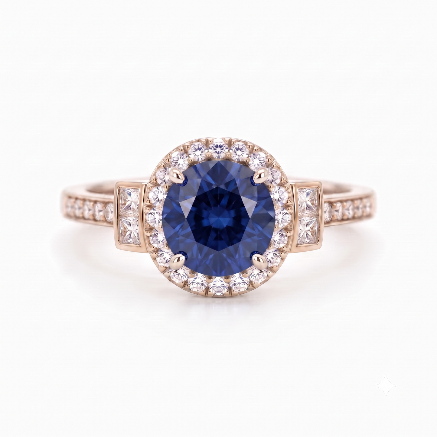 1.500 CT Round Cut Halo Blue Sapphire Lab Grown Diamond Engagement Ring