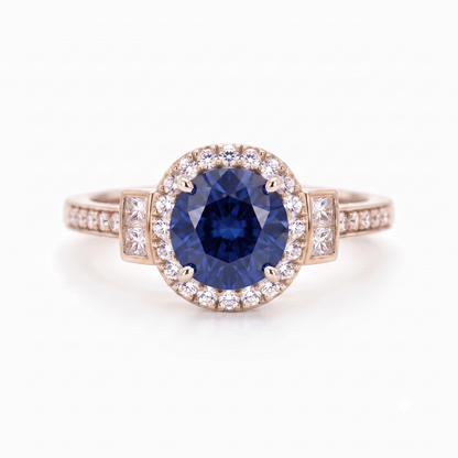 1.500 CT Round Cut Halo Blue Sapphire Lab Grown Diamond Engagement Ring