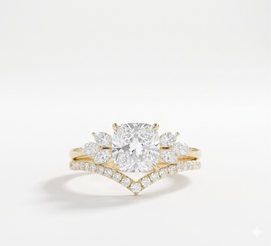 1.65 Ct Cushion Cut Diamond Bridal Set – Floral Halo Ring