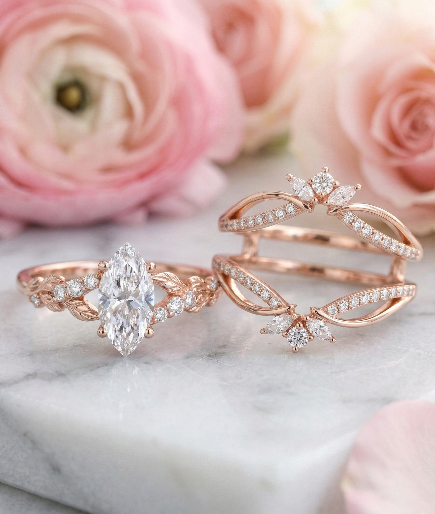 rose gold bridal set marquise diamond ring​


