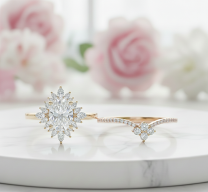 1.60 Ct Oval Lab-Grown Diamond Bridal Ring Set – Floral Halo
