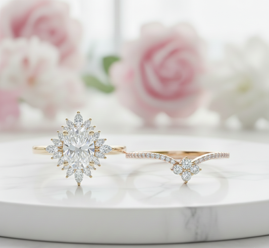 1.60 Ct Oval Lab-Grown Diamond Bridal Ring Set – Floral Halo