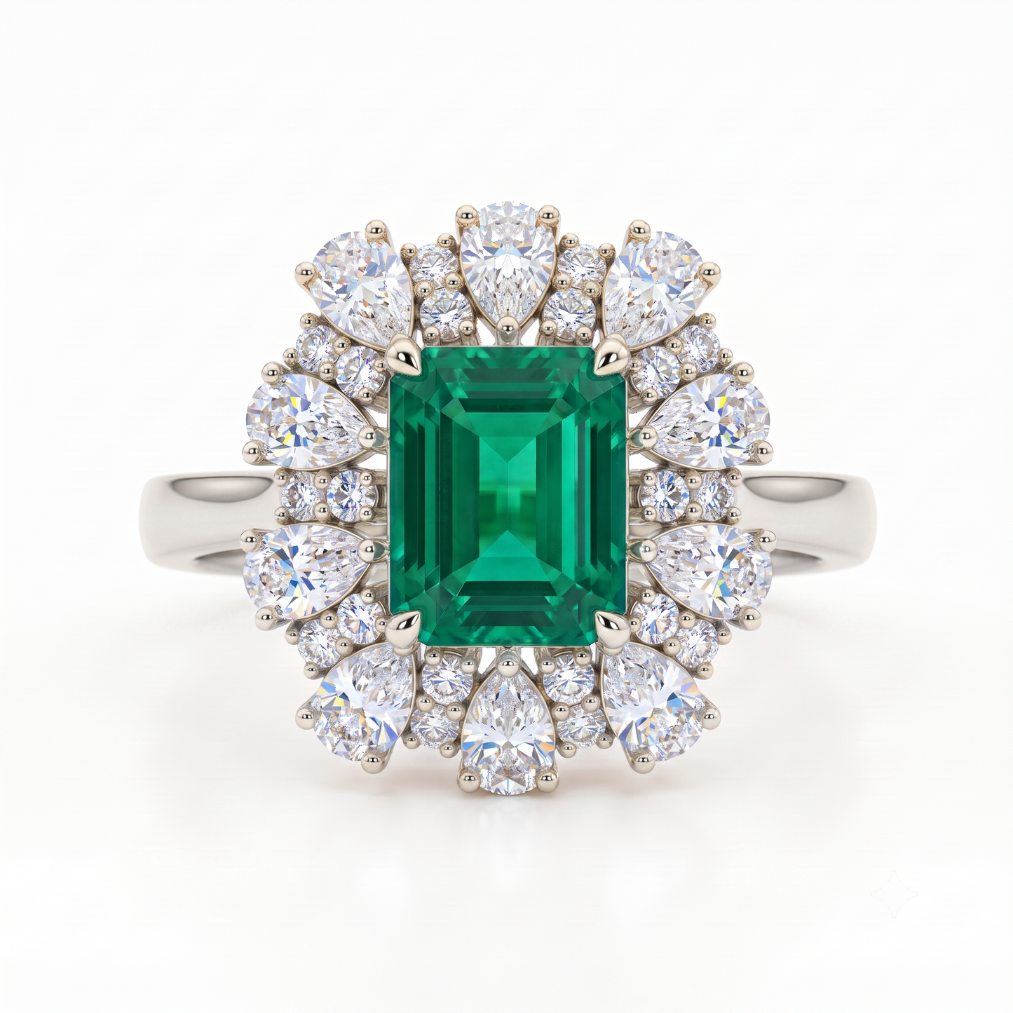 3.80 CT Emerald Cut Emerald Lab Grown Diamond Floral Halo Engagement Ring