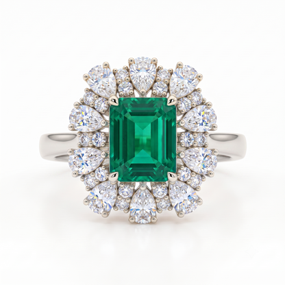 3.80 CT Emerald Cut Emerald Lab Grown Diamond Floral Halo Engagement Ring