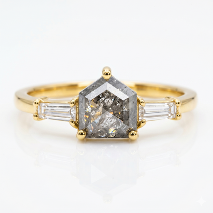 0.80ct Shield cut salt and pepper Three Stone Diamond Ring