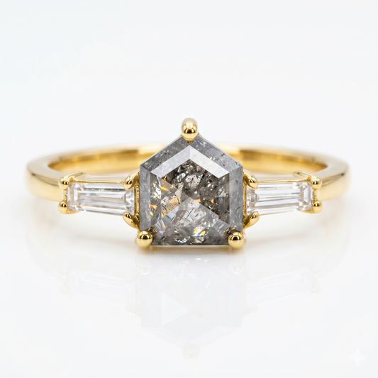 0.80ct Shield cut salt and pepper Three Stone Diamond Ring