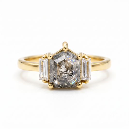 1.80tcw. Pentagon Cut Salt and Pepper Diamond Halo Ring