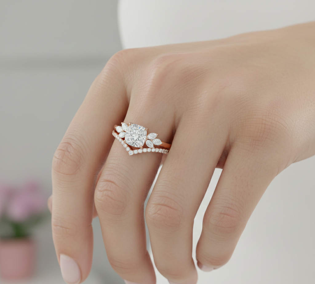 1.65 Ct Cushion Cut Diamond Bridal Set – Floral Halo Ring