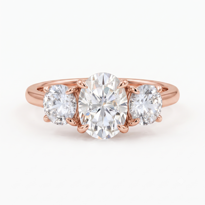 1.00 ct Oval Lab Grown Diamond Engagement Ring • Unique 3-Stone White Gold Cluster Ring