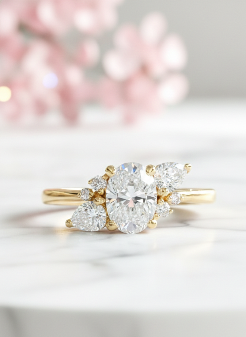 Elegant 1.70 CT Oval Engagement Ring – 14K Gold Cluster Design