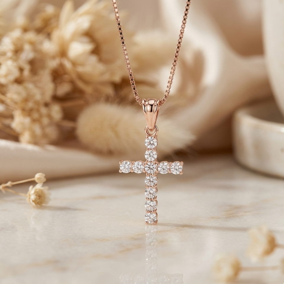 0.440 ct 14K White Gold Dainty Moissanite Cross Pendant Necklace
