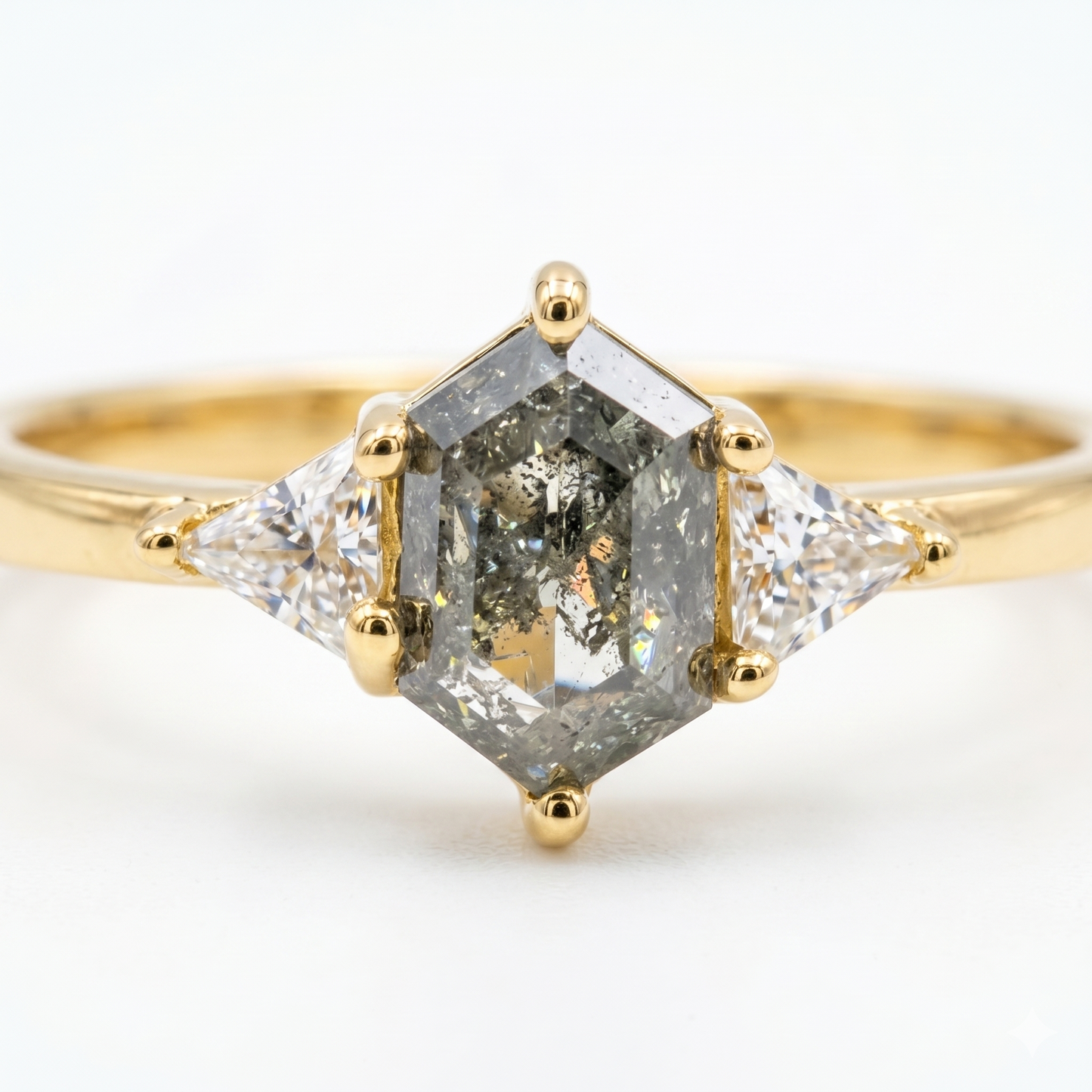 0.70tcw. Hexagon Cut Salt and Pepper Diamond Three Stone Ring