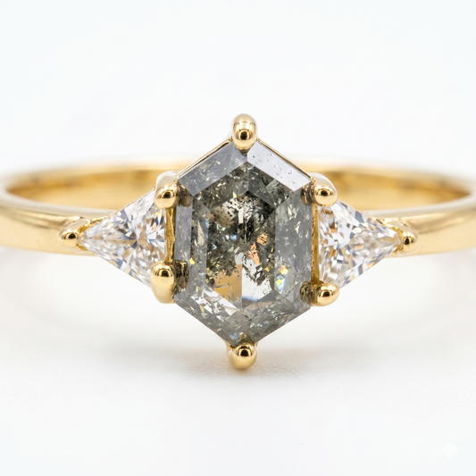 0.70tcw. Hexagon Cut Salt and Pepper Diamond Three Stone Ring