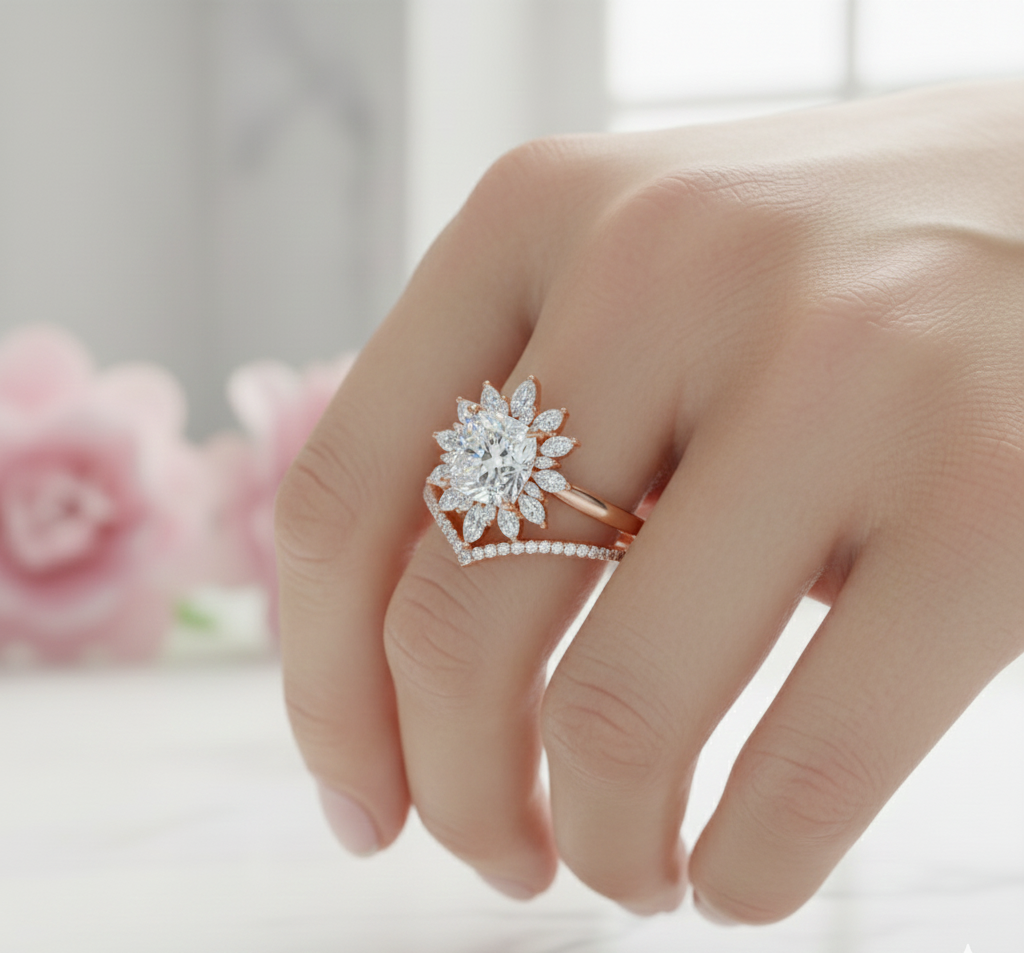 1.85 Ct Sunburst Diamond Bridal Set – Floral Halo Ring