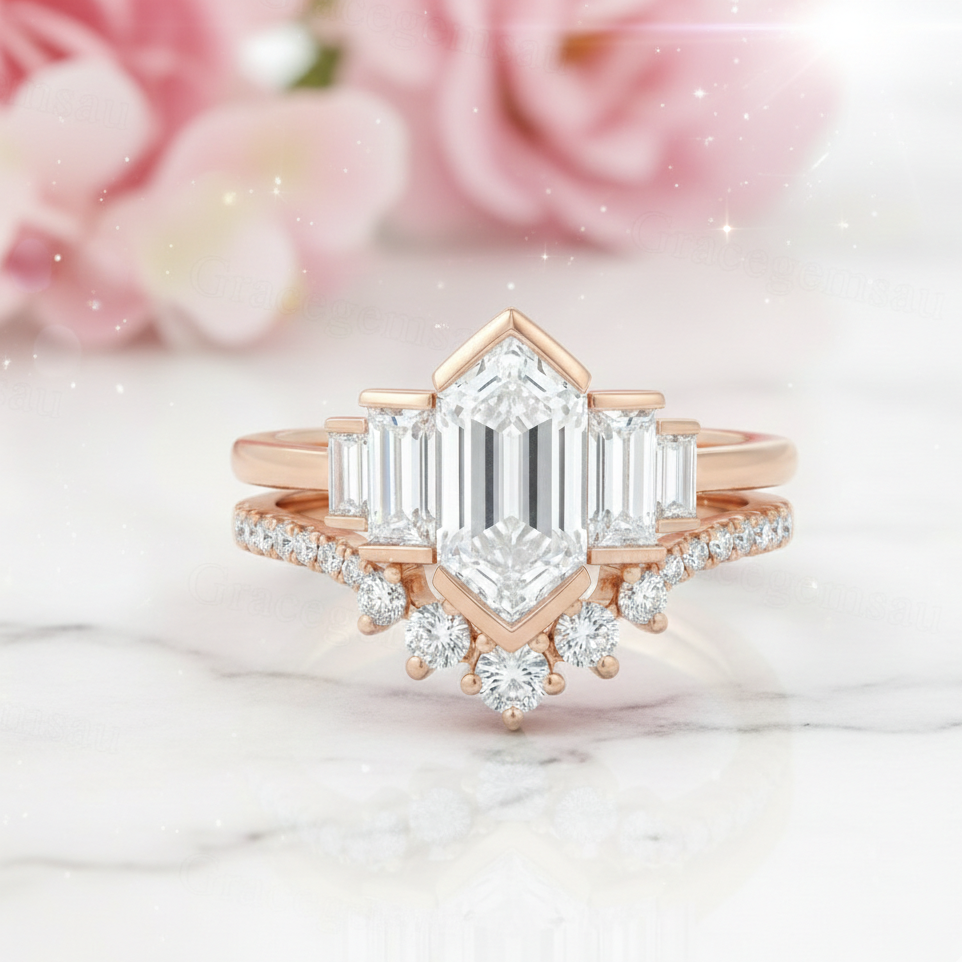 1.65 Ct Hexagon Lab Grown Diamond Engagement Ring Set