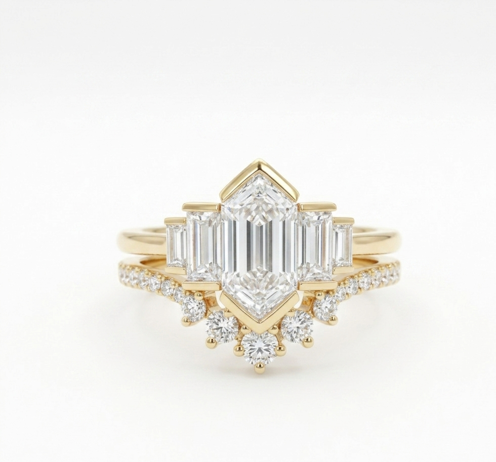 1.65 Ct Hexagon Lab Grown Diamond Engagement Ring Set