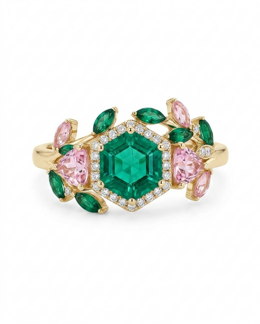 3.40ct Hexagon cut Green Sapphire Engagement ring set