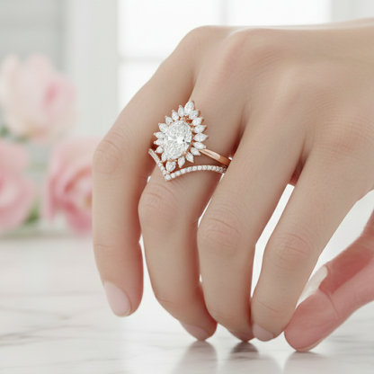 1.50 Ct Pear Cut Floral Halo Lab Grown Diamond Engagement Ring Set
