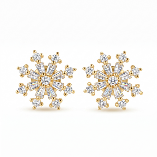 14k Floral Design Baguette & Round Diamond Stud Earrings for her  59