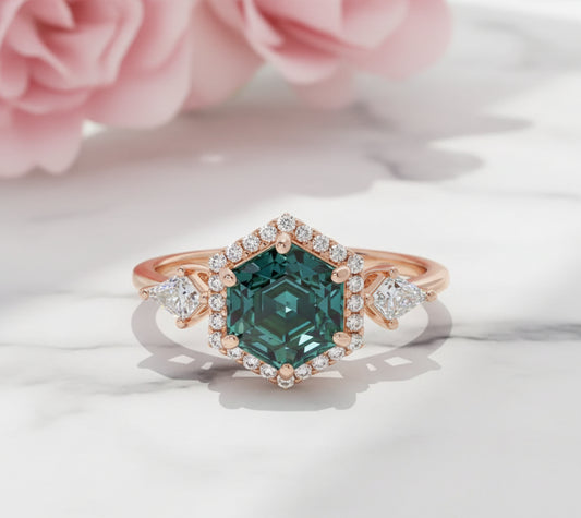 1.32 Ct Hexagon Lab Diamond Ring  - Green Moissanite Halo Engagement