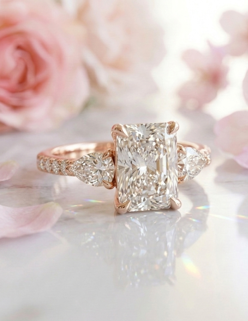 2.45 Ct Radiant Lab Grown Diamond Three Stone Engagement Ring