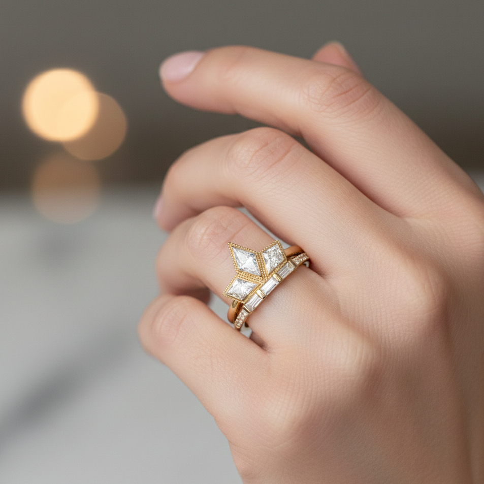 1.20ct Kite Cut Lab Grown Art Deco Three Stone Engagement Ring sets