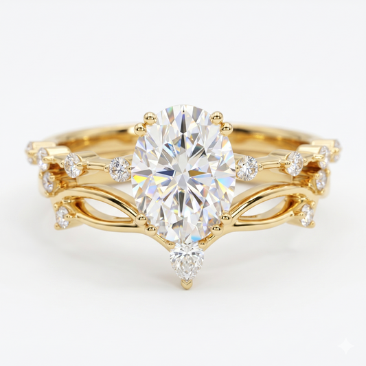 1.900ct Oval cut lab grown Diamond engagement ring set Pear Curved Band