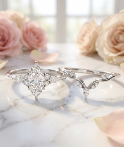 1.350CT Marquise Lab Diamond Ring Set with Curved Wedding Band