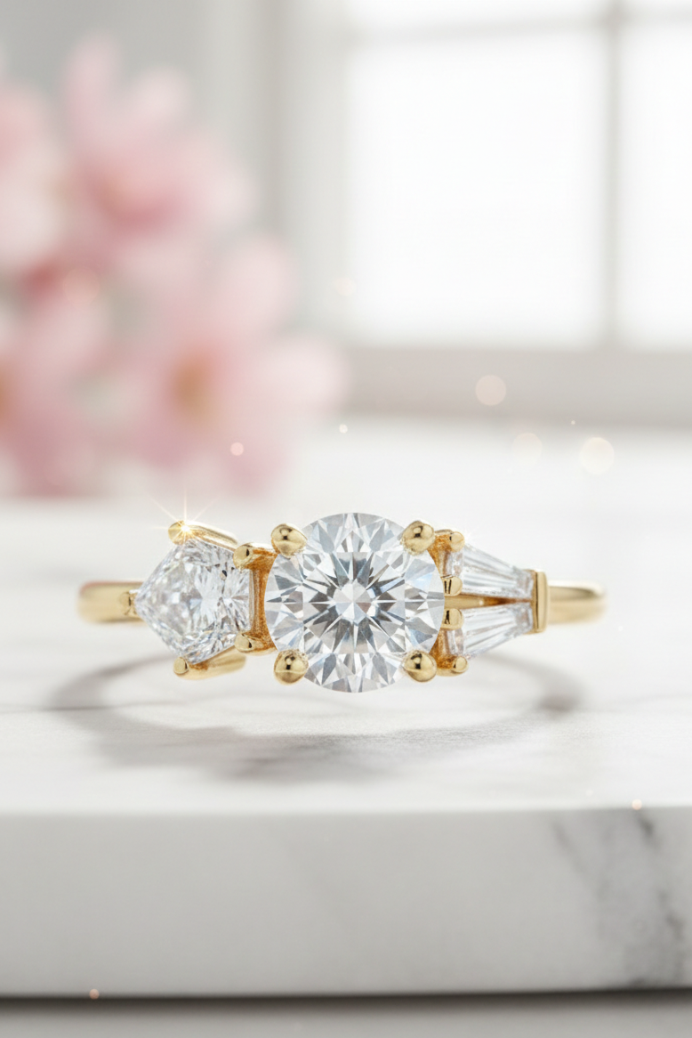 2.10 CT Three Stone Round Cut Moissanite Engagement Ring 14K Gold