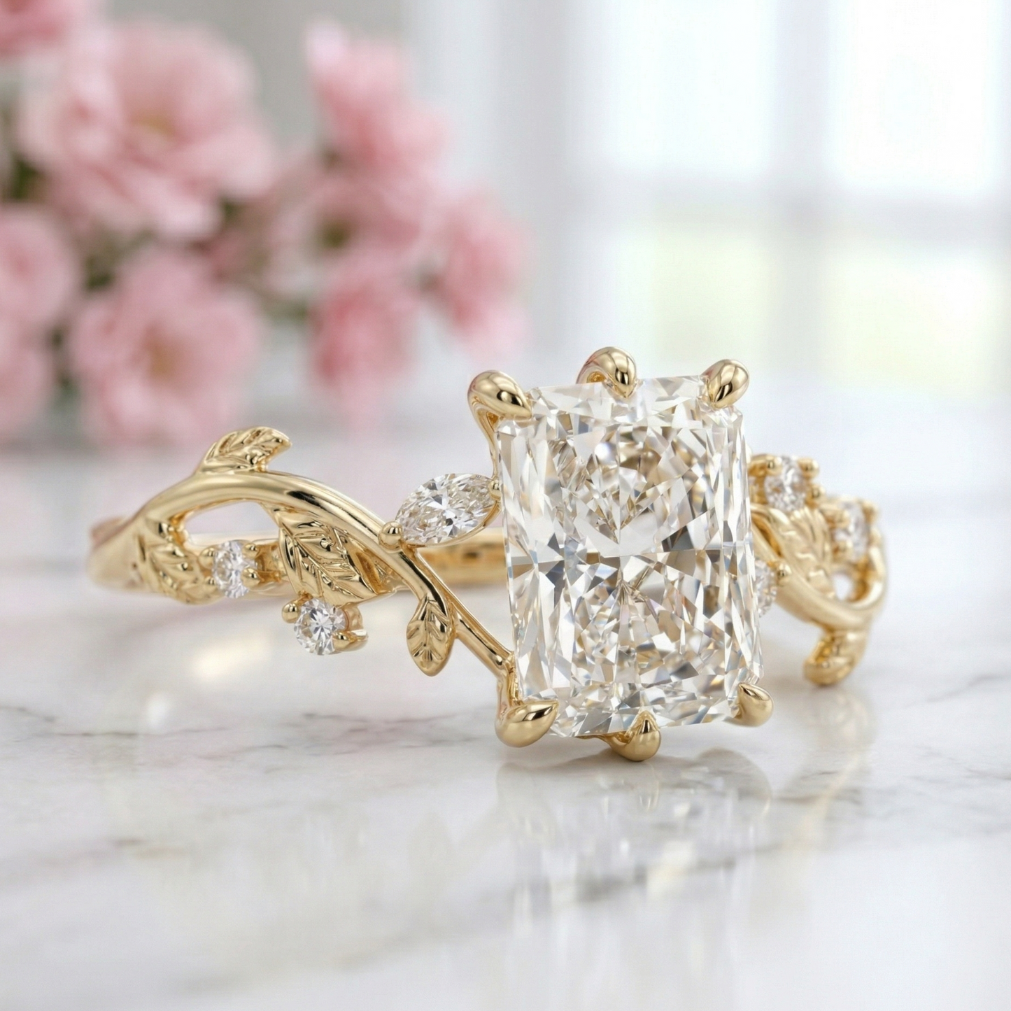 2.100ct Radiant Cut Lab Grown Diamond Leaf Engagement Ring