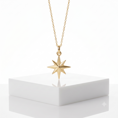 14K Solid Gold North Star Charm Pendant Necklace