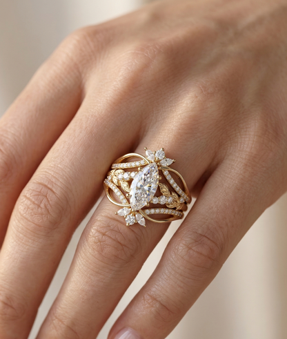 1.510CT Marquise Lab Diamond Leaf Bridal Ring Set