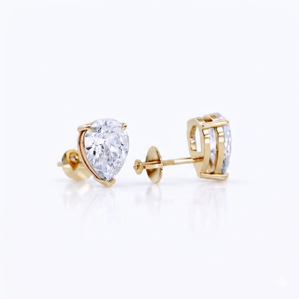 2 Ct Pear Cut Lab Grown Diamond Stud Earrings • 14K Rose Gold Basket Setting