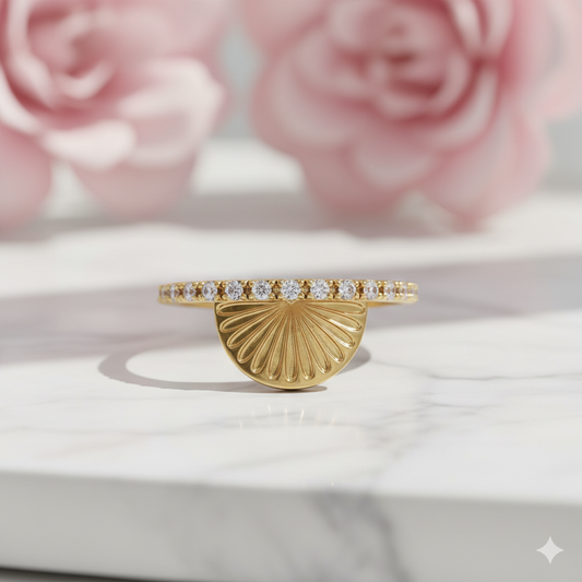 Lab Grown Diamond Sunburst Ring • 14K Gold Half Sun Wedding Band